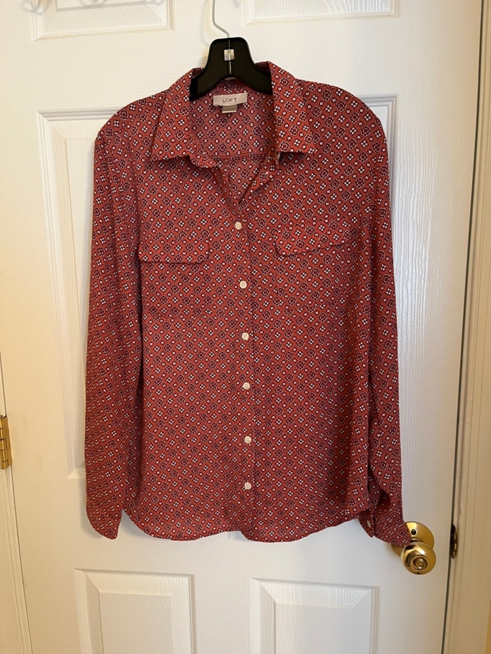 LOFT Rust-Red Geometric Print Button-Front Blouse